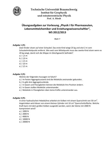 Ãbungsaufgaben zur Vorlesung âPhysik I fÃ¼r Pharmazeuten ...