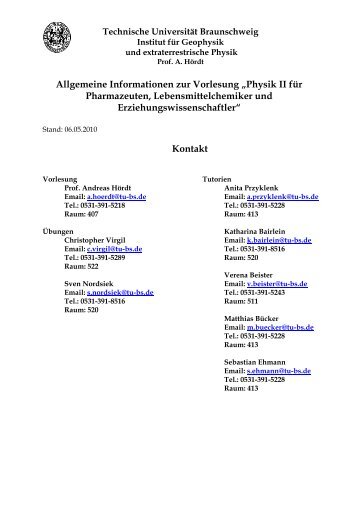 Allgemeine Informationen zur Vorlesung âPhysik II fÃ¼r Pharmazeuten ...