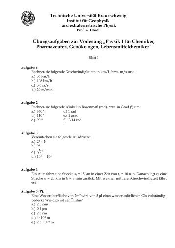 Ãbungsaufgaben zur Vorlesung âPhysik I fÃ¼r Chemiker ...