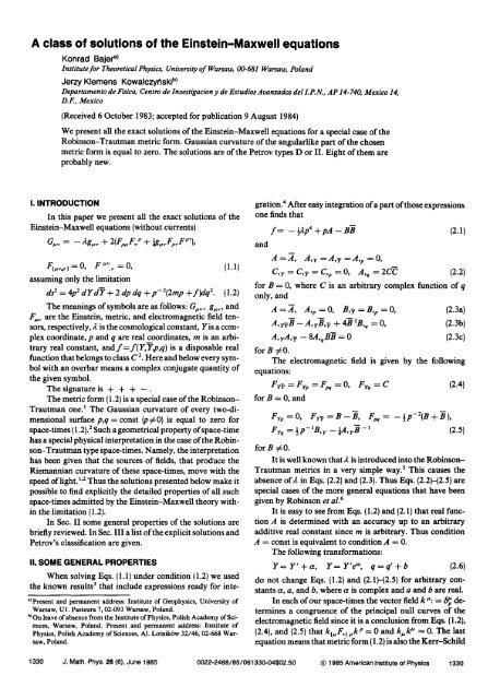 A Class Of Solutions Of The Einstein Maxwell Equations