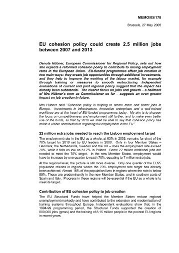 EU cohesion policy could create 2.5 million jobs between 2007 and ...