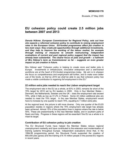 EU cohesion policy could create 2.5 million jobs between 2007 and ...