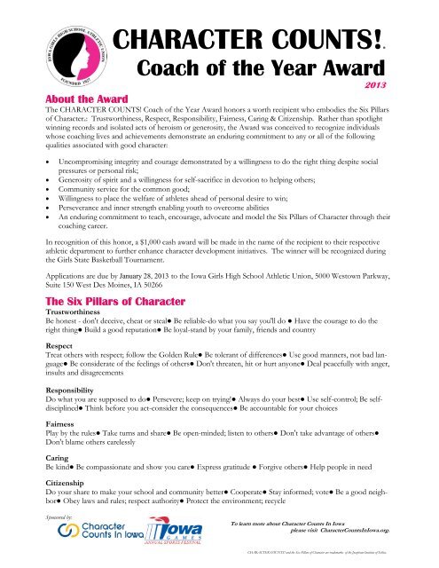 Character Counts Coach Of The Year Application Iowa Girls High