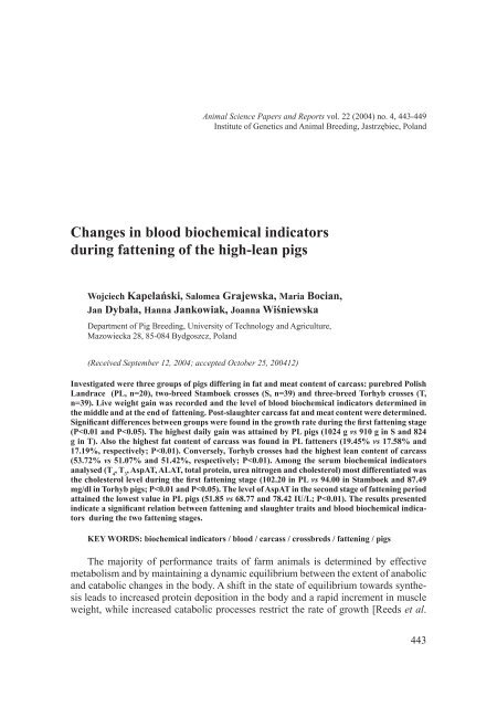 Changes in blood biochemical - Instytut Genetyki i Hodowli ZwierzÄt ...