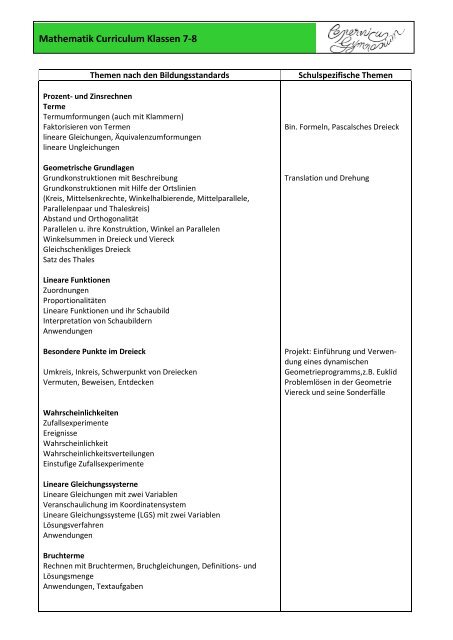 Mathematik Curriculum Klassen 7-8 - Copernicus-Gymnasium