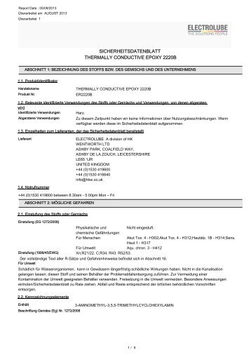 sicherheitsdatenblatt thermally conductive epoxy 2220b - Farnell