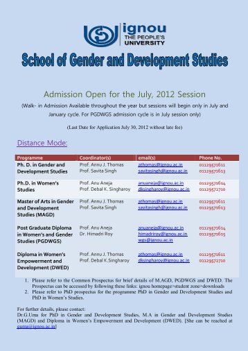 Admission Open for the July, 2012 Session - IGNOU