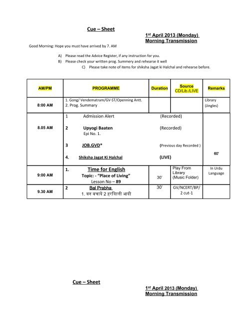 Cue Sheet Cue Sheet Time For English Ignou Online