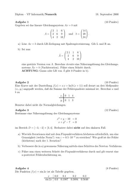 Diplom â VP Informatik/Numerik 19. September 2000 Aufgabe 1 (10 ...