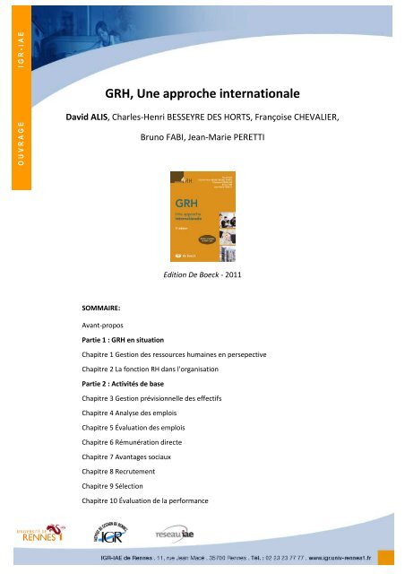 GRH, Une approche internationale - Institut de gestion de Rennes