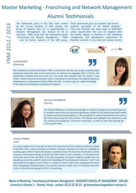Alumni Testimonials FNM 2012 / 2013