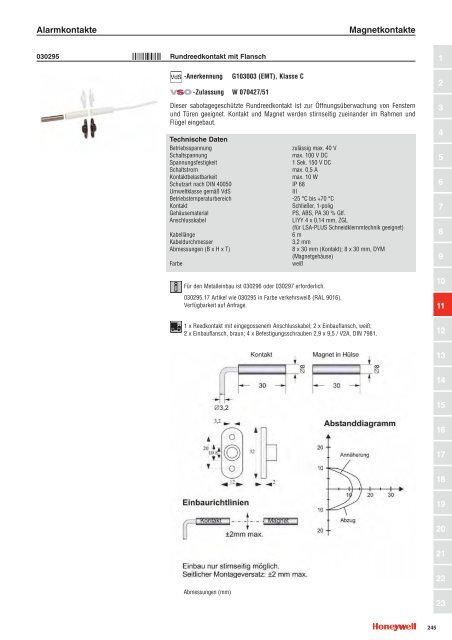 Katalogauszug Honeywell Melder fÃ¼r die Einbruchmeldetechnik