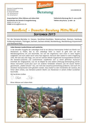 Beraterrundbrief Landwirtschaft September 2013 - Demeter