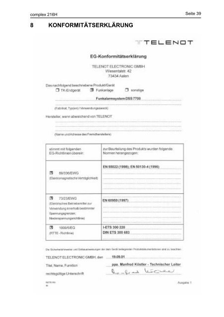 Telenot - Einbruchmelderzentrale Complex 216H - Bedienung