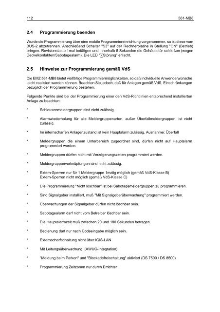 Einbruchmelderzentrale 561-MB8 - Programmierung