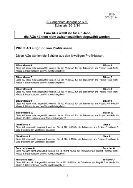 AG-Angebote JahrgÃ¤nge 6-10 Schuljahr 2013 ... - IGS List Hannover