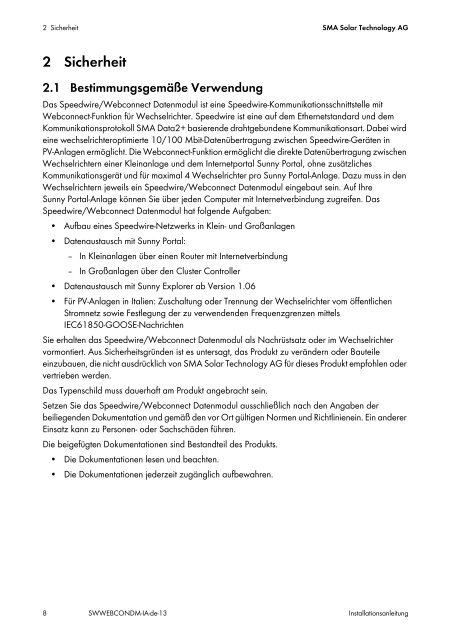 SMA SPEEDWIRE/WEBCONNECT DATENMODUL - SMA Solar ...