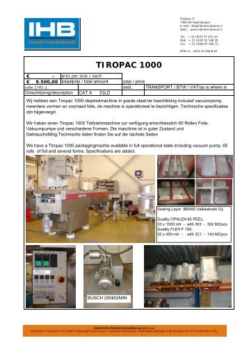 Tiropac 1000 Dieptrekmachine / Thermoformer ... - IHB International