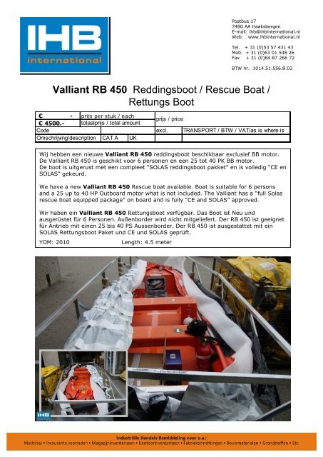 Valliant RB 450 Reddingsboot / Rescue Boat ... - IHB International