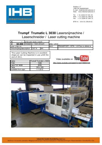 Trumpf Trumatic L 3030 Lasersnijmachine ... - IHB International