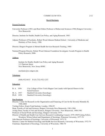 Curriculum Vitae - Institute for Health, Health Care Policy and Aging ...