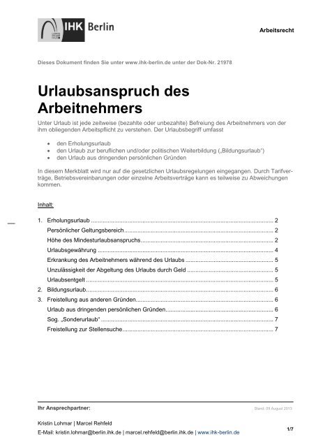 Merkblatt Urlaubsanspruch des Arbeitnehmers - IHK Berlin