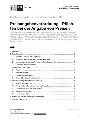 Preisangabenverordnung Pflichten bei der Abgabe von ... - IHK Berlin