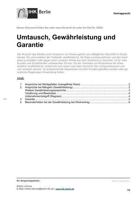 Umtausch, Gewährleistung und Garantie - IHK Berlin