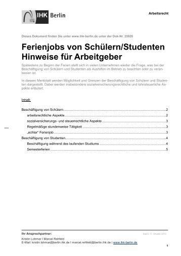 Ferienjobs von Schülern/Studenten - IHK Berlin
