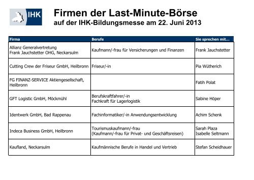 Firmen der Last-Minute-BÃ¶rse - IHK-Bildungsmesse