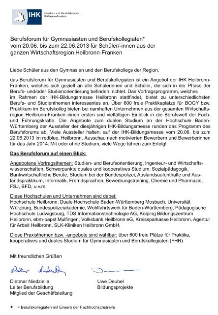 Programmheft Berufsforum - IHK-Bildungsmesse