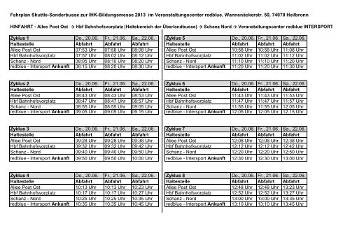 Fahrplan Shuttle-Sonderbus - IHK-Bildungsmesse