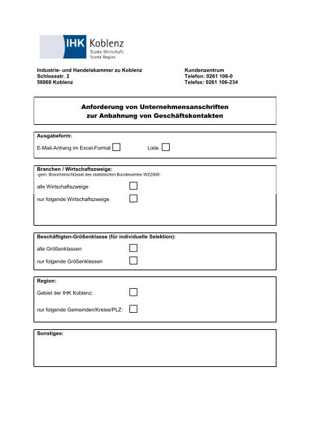Anforderung von Unternehmensanschriften zur ... - IHK Koblenz