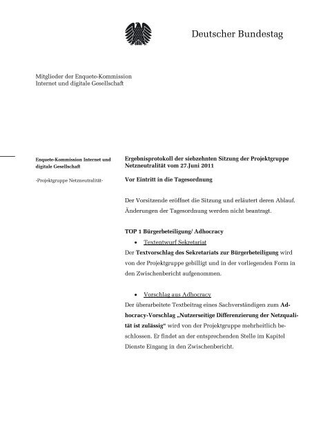 Protokoll der Projektgruppensitzung vom 27 ... - Deutscher Bundestag