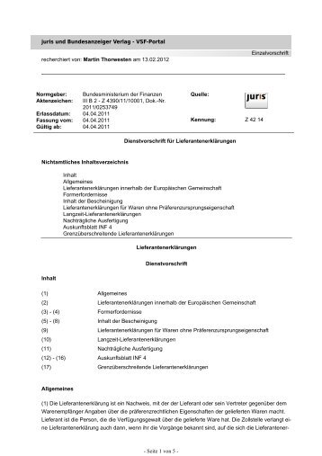 Dienstvorschrift fÃ¼r LieferantenerklÃ¤rungen - IHK Siegen