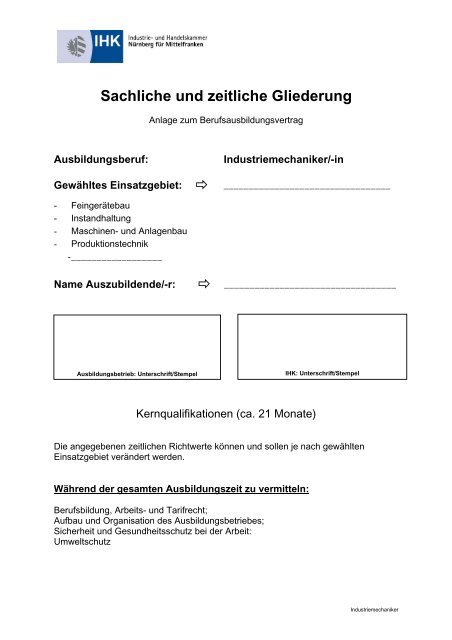 Sachliche und zeitliche Gliederung Industriemechaniker