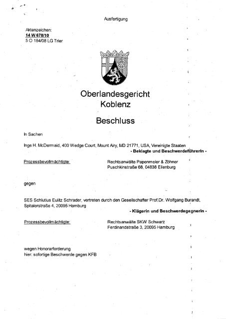 Oberlandesgericht • Koblenz Beschluss - Inge McDermaid