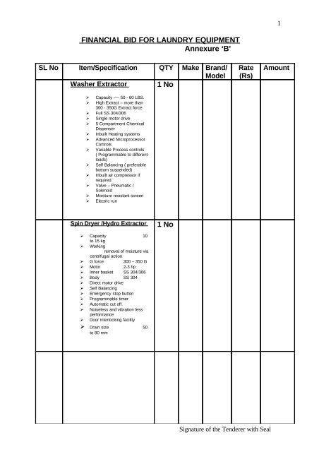 FINANCIAL BID FOR LAUNDRY EQUIPMENT Annexure 'B' 1 No 1 No