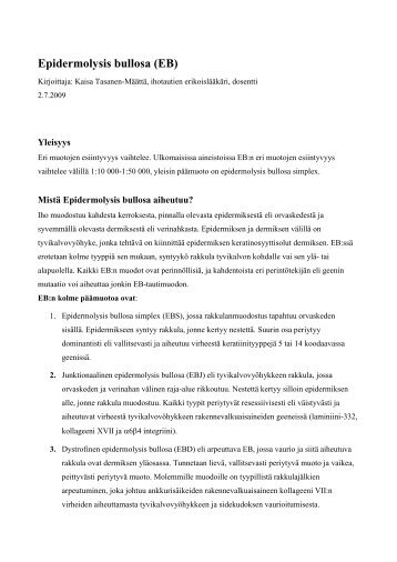 Epidermolysis bullosa (EB) - Iholiitto ry