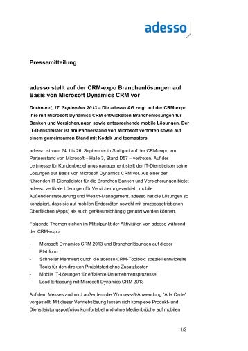 Pressemitteilung adesso stellt auf der CRM-expo ... - adesso AG