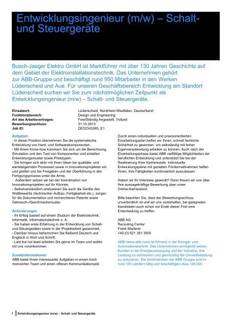 Entwicklungsingenieur (m/w) – Schalt- und Steuergeräte