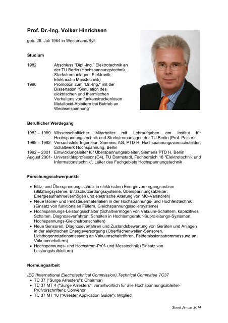 Prof. Dr.-Ing. Volker Hinrichsen - Fachgebiet Hochspannungstechnik