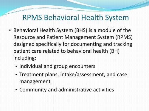 RPMS ICD-10 Transition and Behavioral Health - Indian Health ...