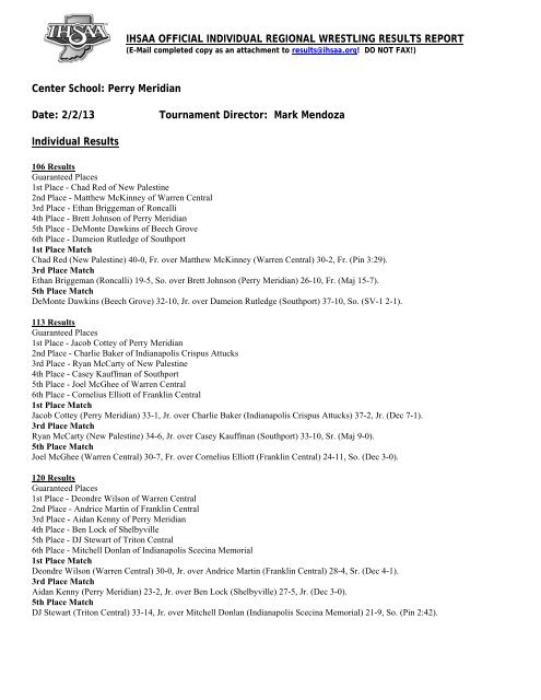 IHSAA OFFICIAL INDIVIDUAL REGIONAL WRESTLING RESULTS ...