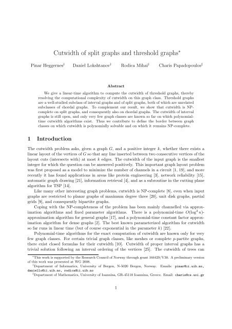 Cutwidth of split graphs and threshold graphs