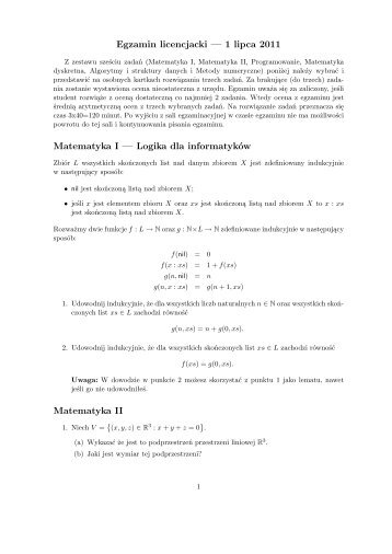 Egzamin licencjacki — 1 lipca 2011 Matematyka I — Logika dla ...