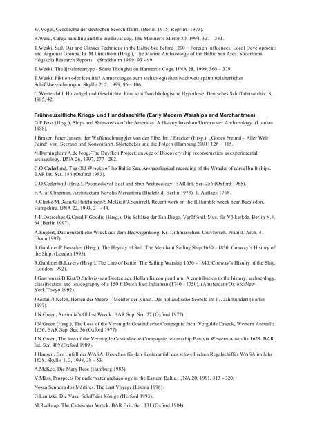 Literaturliste zur Unterwasserarchäologie, Underwater Archaeology ...