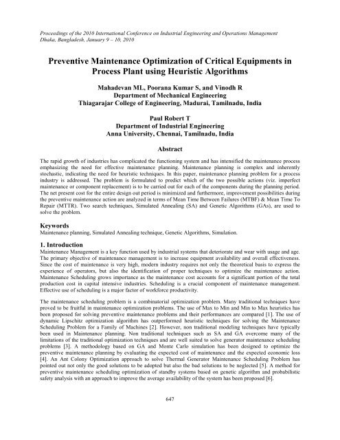 Preventive Maintenance Optimization of Critical Equipments ... - IEOM