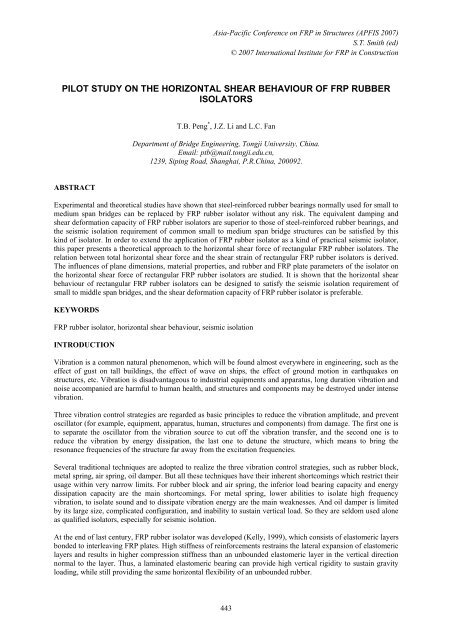 Pilot Study On The Horizontal Shear Behaviour Of Frp Rubber Isolators Pilot Study On The Horizontal Shear Behaviour Of Frp Rubber Isolators