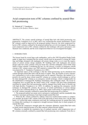 Axial compression tests of RC columns confined by aramid fiber belt ...